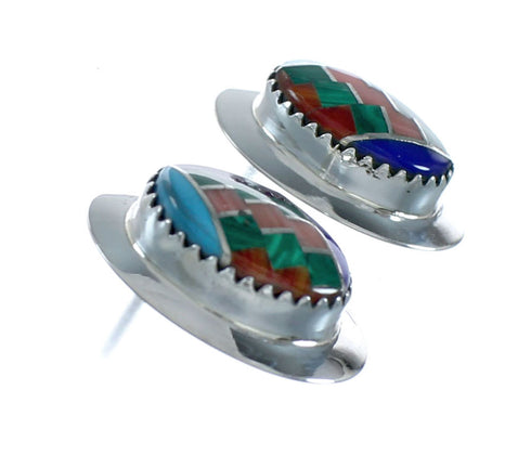 Multicolor Native American Inlay Sterling Silver Post Earrings X11336